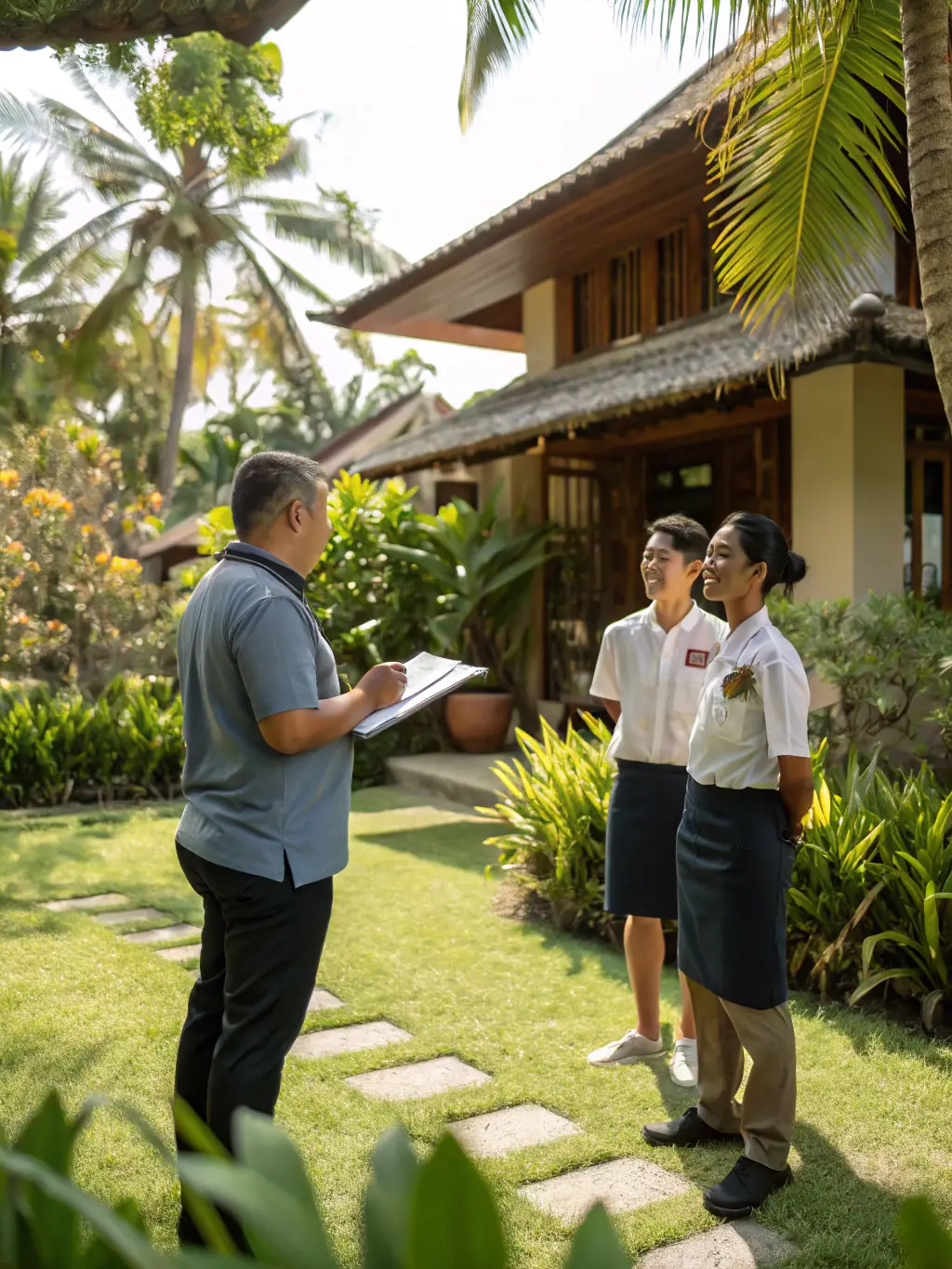 A photo of a dedicated Bali Luxury Stays property manager interacting with villa staff, showcasing the personalized and hands-on approach to villa management.