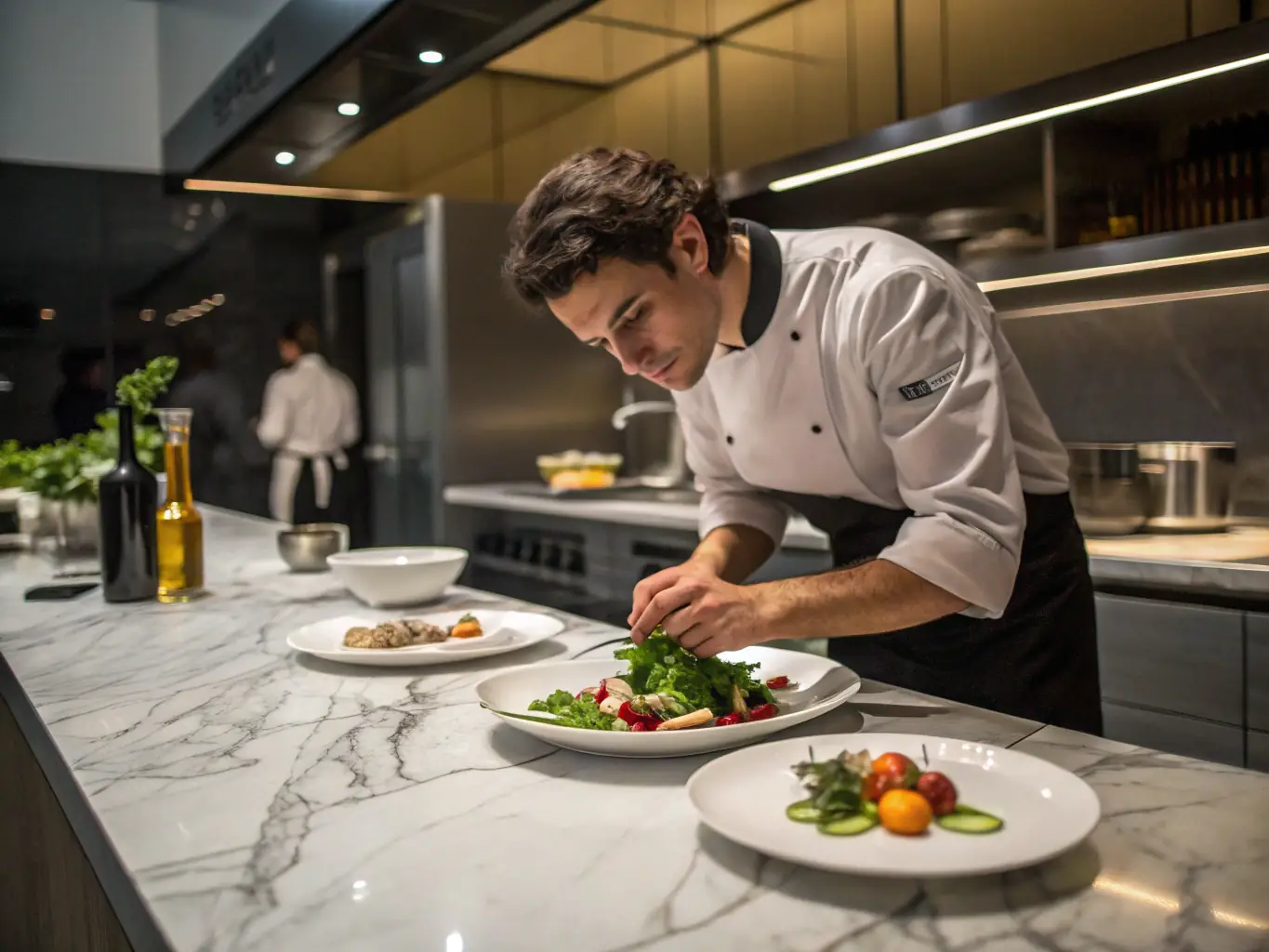 A private chef preparing a gourmet meal in a villa's dining area, highlighting the exclusive culinary experiences available through Bali Luxury Stays.