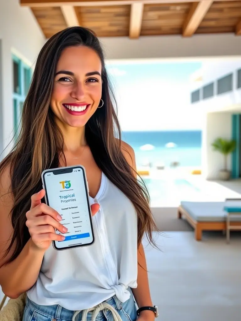 A photo of a luxury villa owner relaxing by their private pool in Bali, smiling and holding a phone, symbolizing freedom from management worries.
