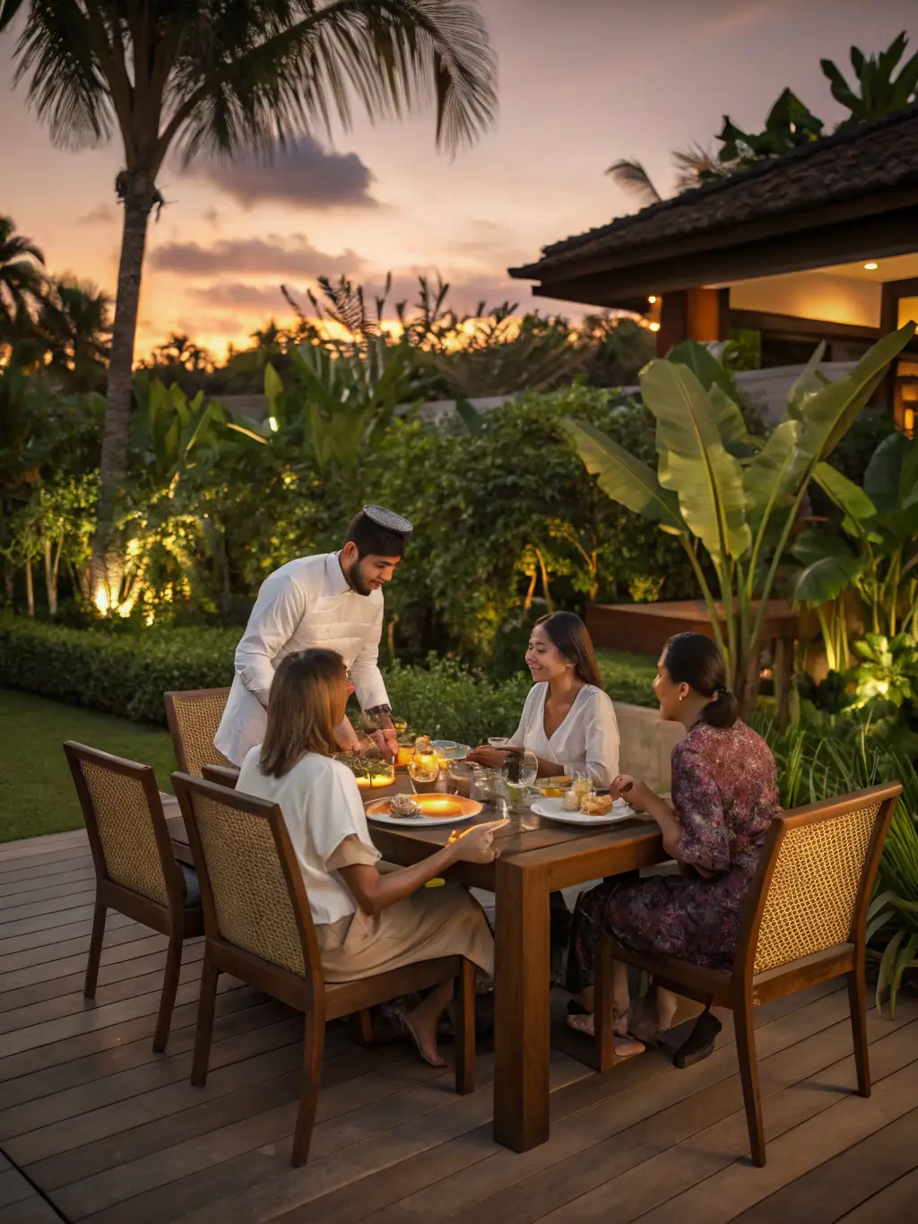 An image depicting happy guests enjoying a personalized experience at a Bali Luxury Stays managed villa, such as a private chef dinner or a yoga session.