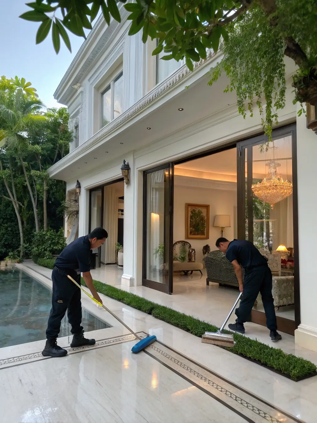 A picture of a well-trained villa staff (housekeepers, gardeners, concierge) working efficiently and respectfully in a luxury villa setting.