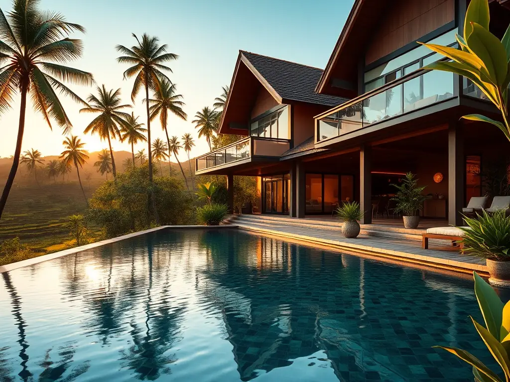 A luxurious villa in Seminyak with an infinity pool overlooking the ocean at sunset, showcasing the high-end accommodations offered by Bali Luxury Stays.